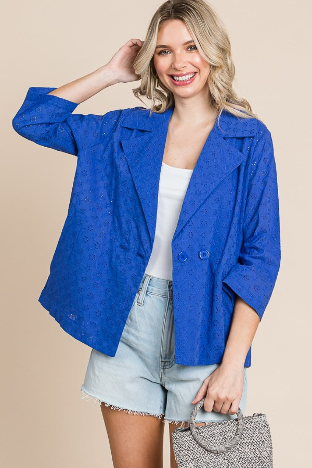 Blue Zone Planet | Culture Code Double Breasted Eyelet Jacket with Pockets-TOPS / DRESSES-[Adult]-[Female]-Cobalt Blue-S-2022 Online Blue Zone Planet