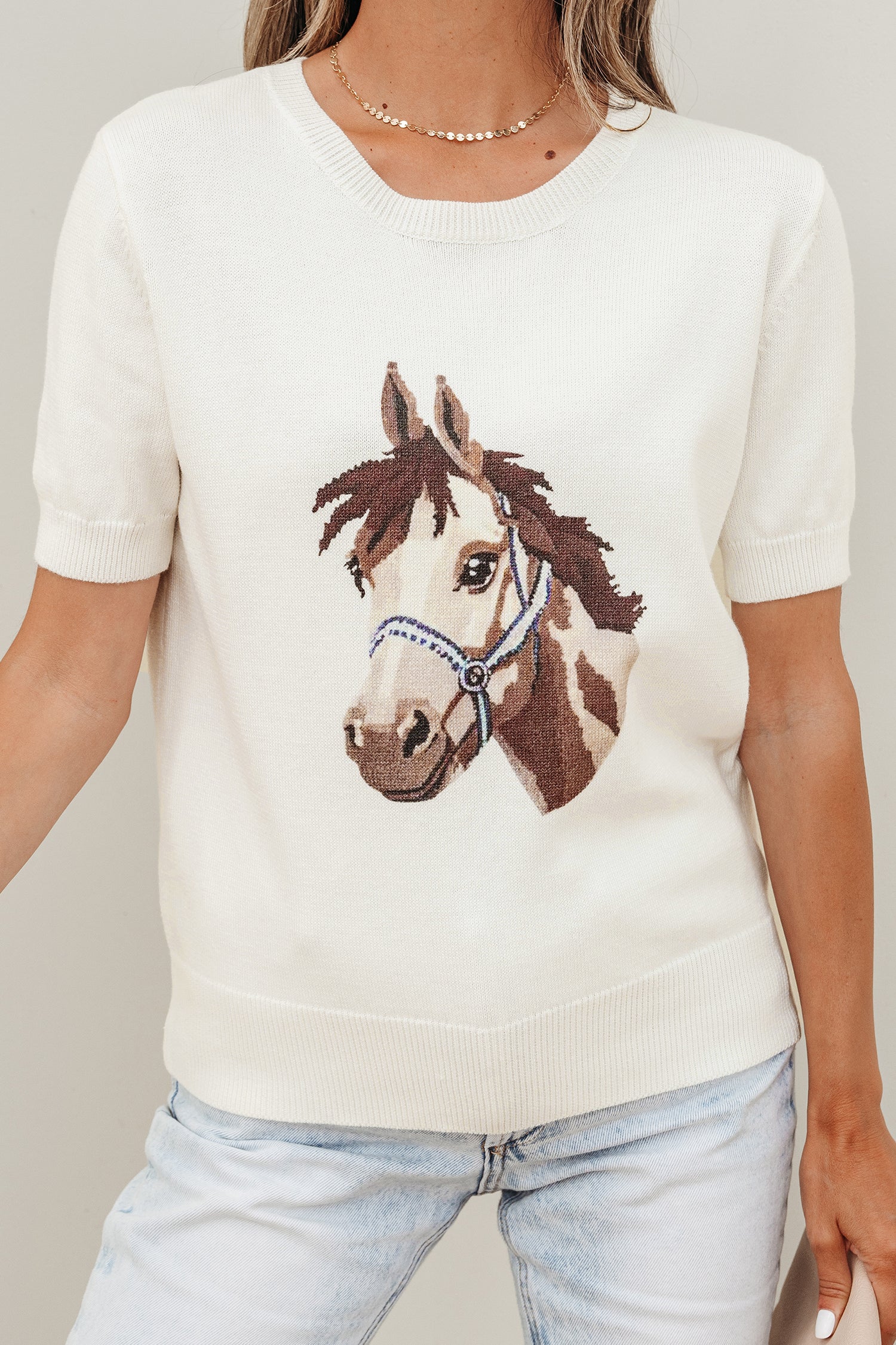 White Wild West Horse Head Printed Short Sleeve Sweater-TOPS / DRESSES-[Adult]-[Female]-2022 Online Blue Zone Planet