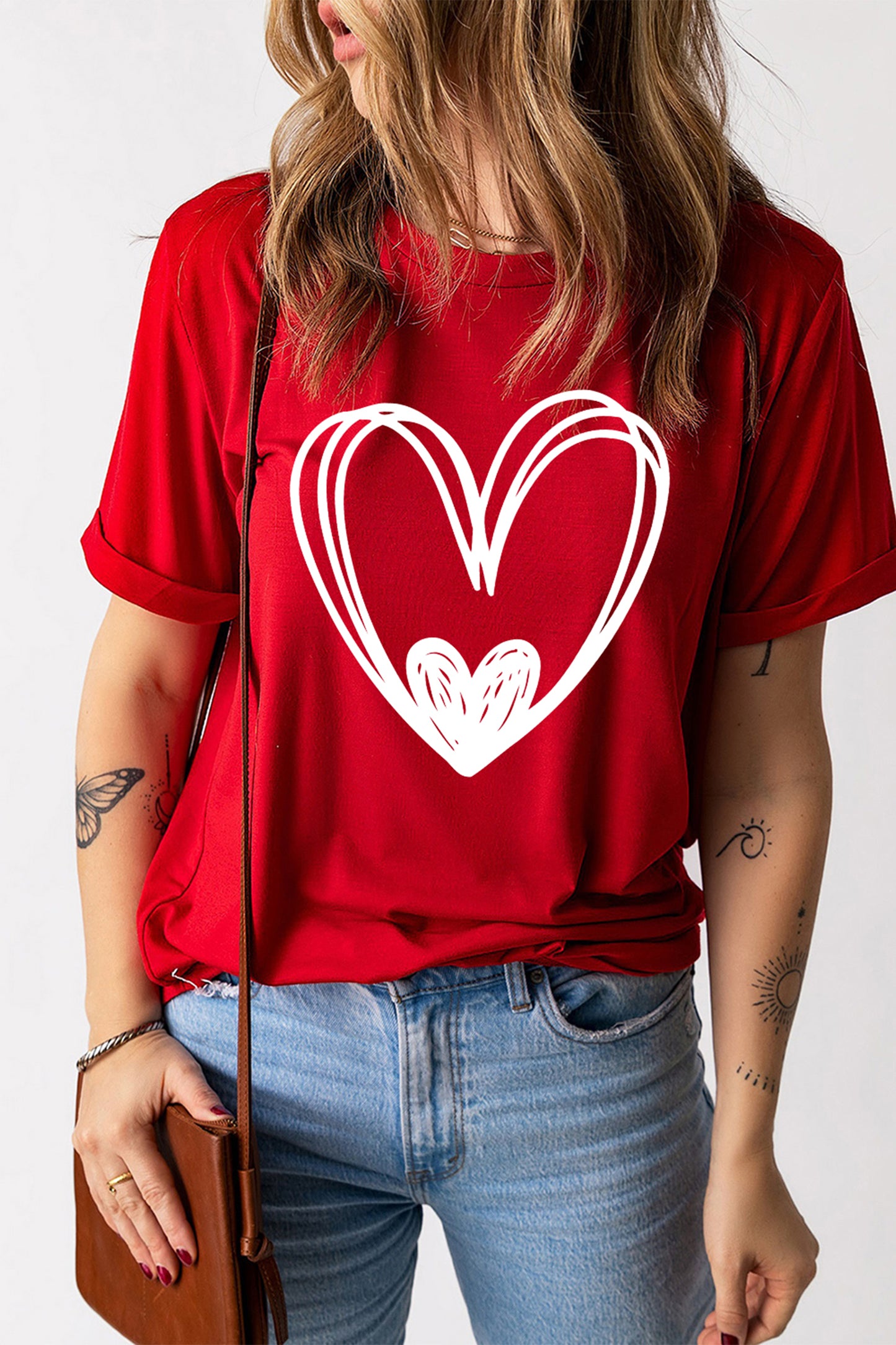 Red Hand Drawn Heart Valentines Day Fashion T Shirt-Graphic Tees-[Adult]-[Female]-2022 Online Blue Zone Planet