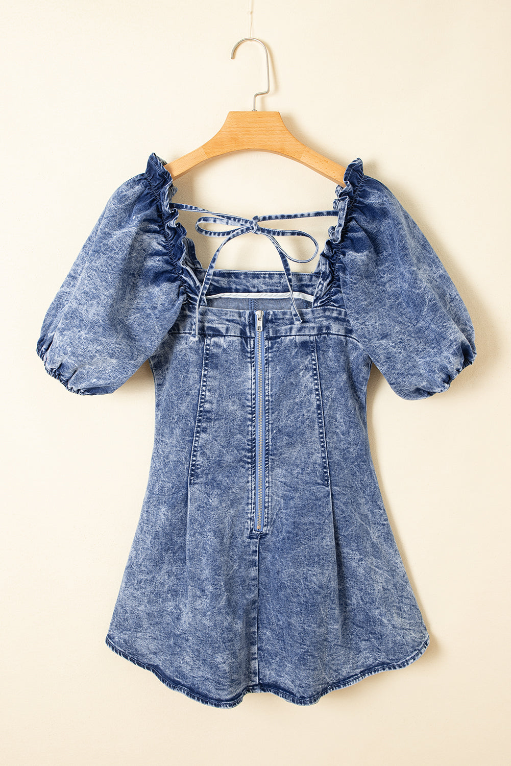 Blue Frilly Square Neck Bustier Puff Sleeve Short Denim Dress-TOPS / DRESSES-[Adult]-[Female]-2022 Online Blue Zone Planet