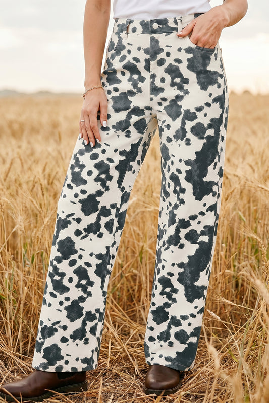 Brown Abstract Print Metal Button Regular Fit Full-Length Jeans-Bottoms/Jeans-[Adult]-[Female]-Brown-4-2022 Online Blue Zone Planet