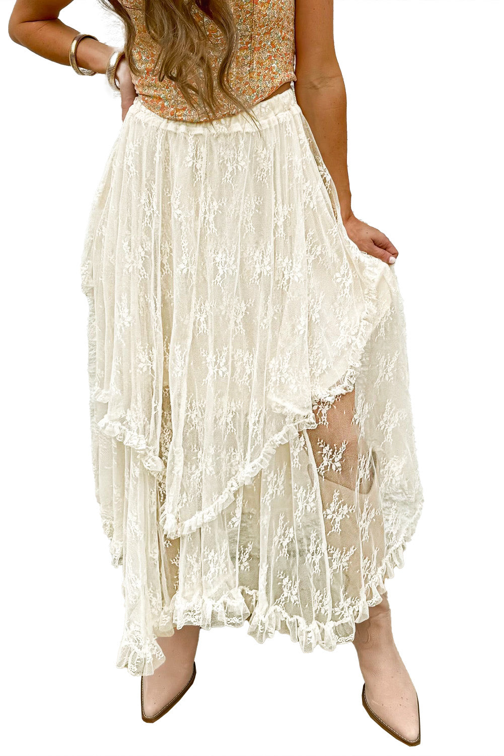 Beige Lace Cascading Tiered High Waist Maxi Skirt-Bottoms/Skirts & Petticoat-[Adult]-[Female]-2022 Online Blue Zone Planet