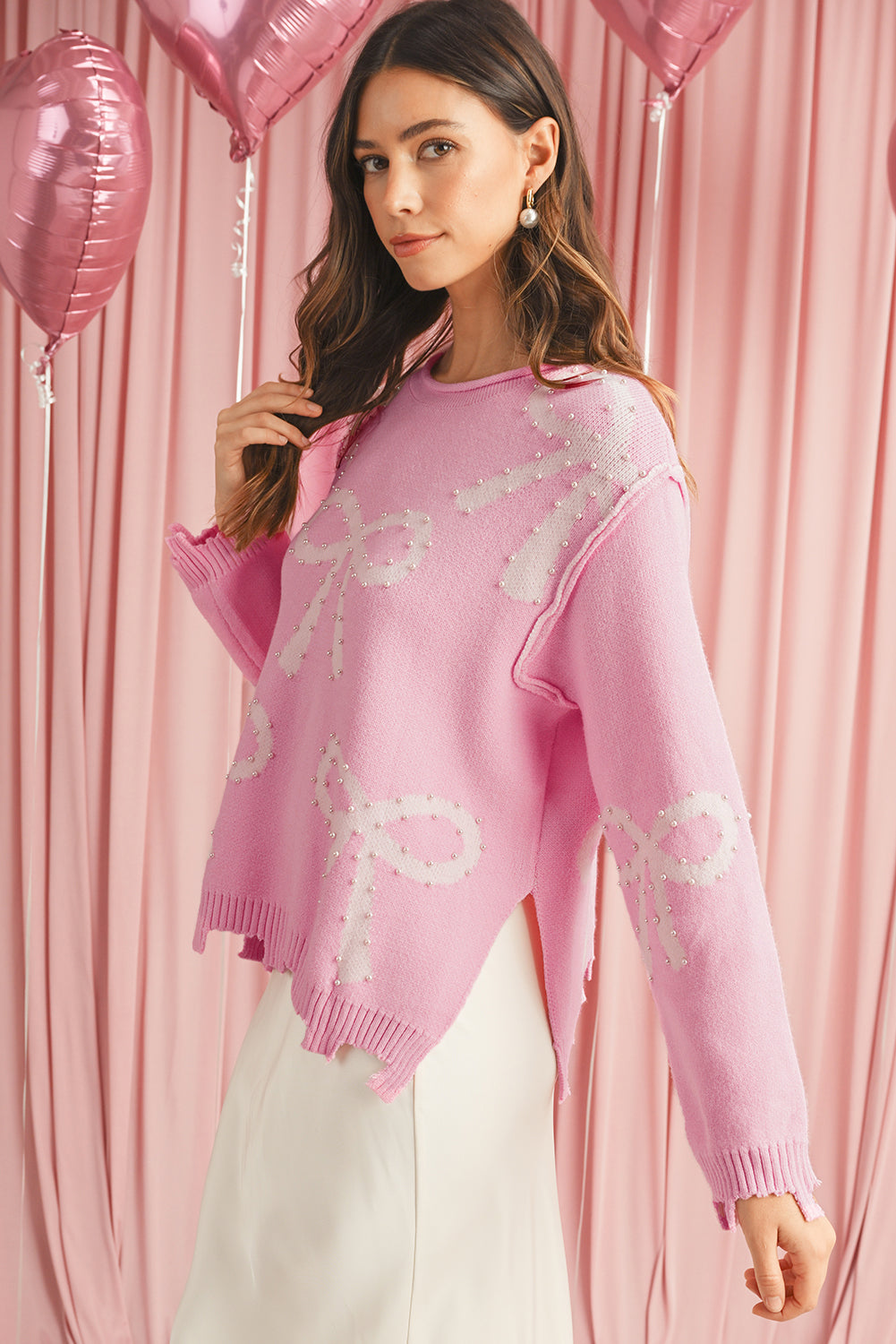 Blue Zone Planet | Pink Bow Pattern Pearl Embellished Raw Hem Sweater-Sweaters-[Adult]-[Female]-2022 Online Blue Zone Planet