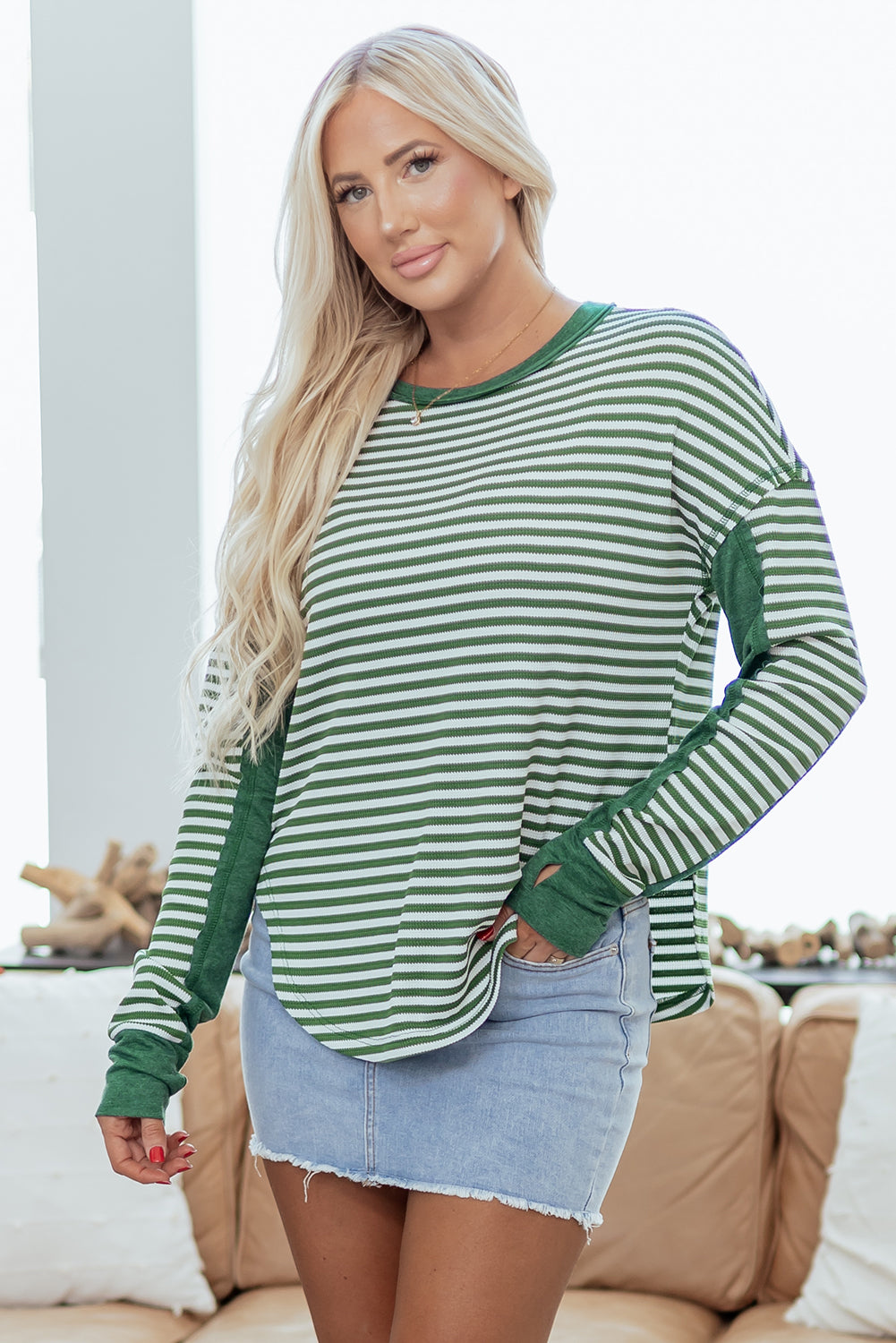 Green Stripe Thermal Knit Drop Shoulder Casual Top-Tops/Long Sleeve Tops-[Adult]-[Female]-2022 Online Blue Zone Planet
