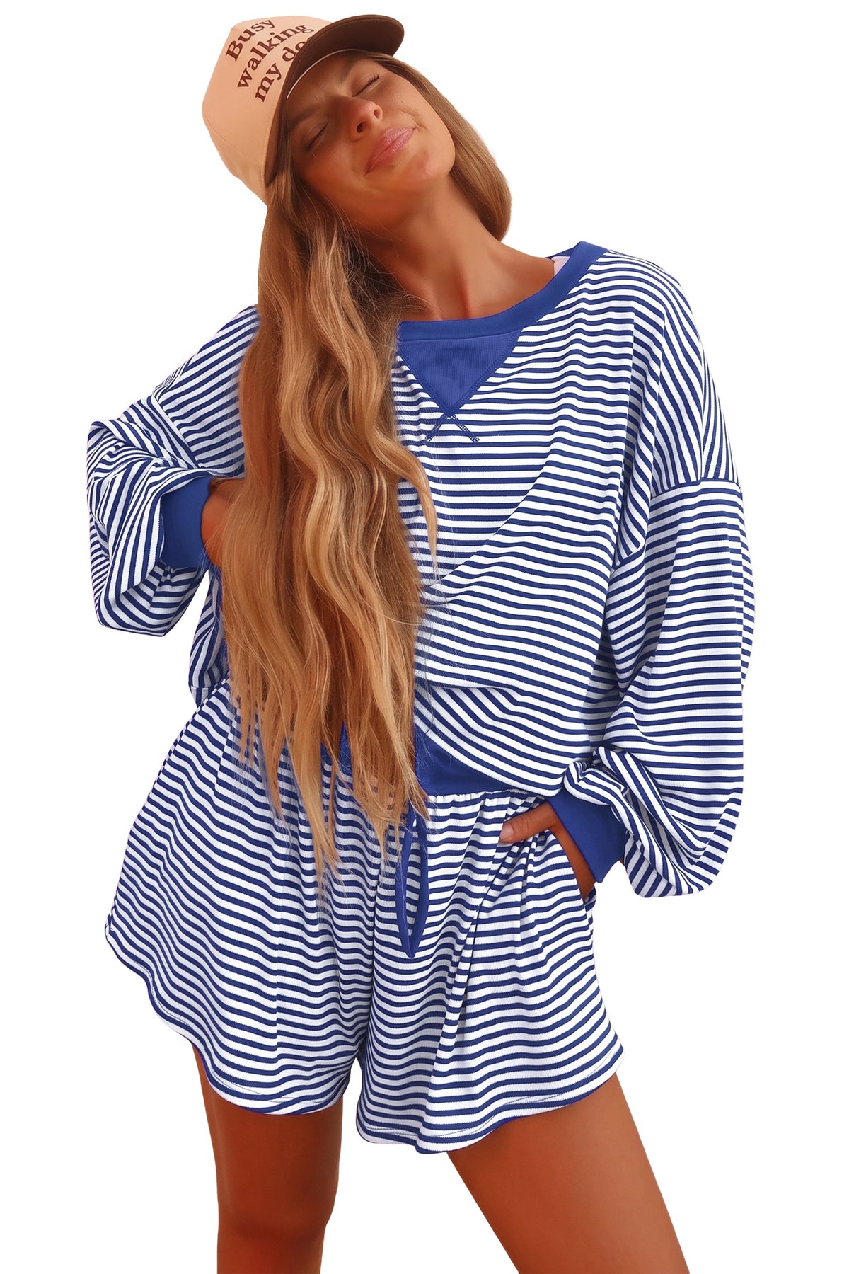 Blue Stripe Oversized Long Sleeve Top Drawstring Loose Shorts 2pcs Set-Two Piece Sets/Short Sets-[Adult]-[Female]-2022 Online Blue Zone Planet