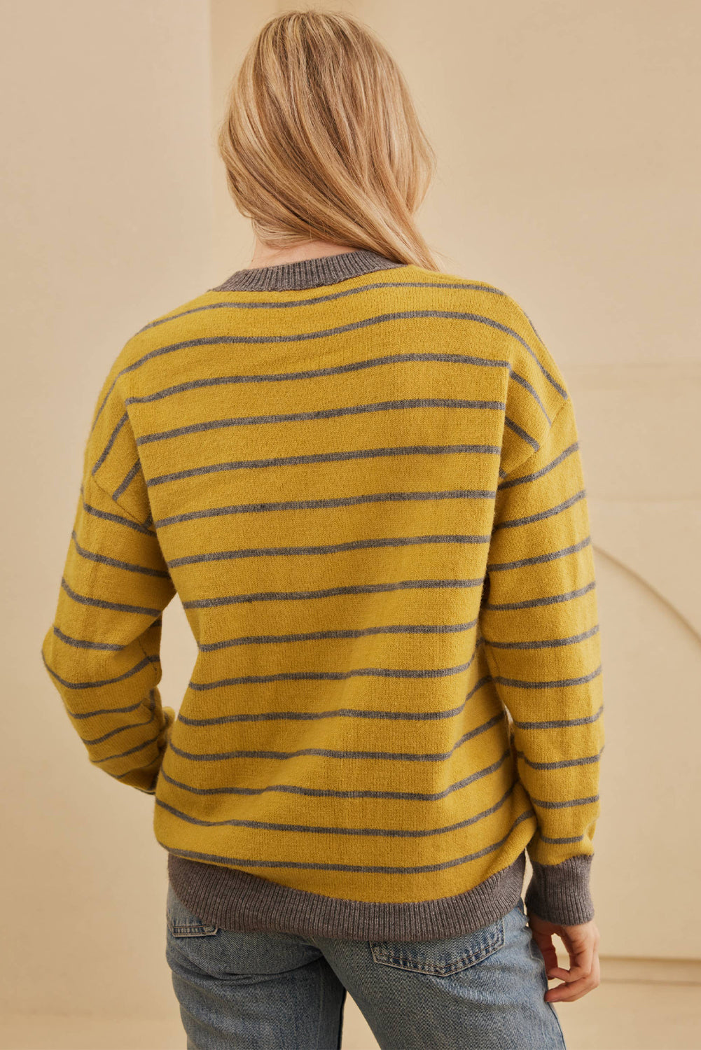 Yellow Stripe Daisy Floral Knitted Round Neck Sweater-TOPS / DRESSES-[Adult]-[Female]-2022 Online Blue Zone Planet