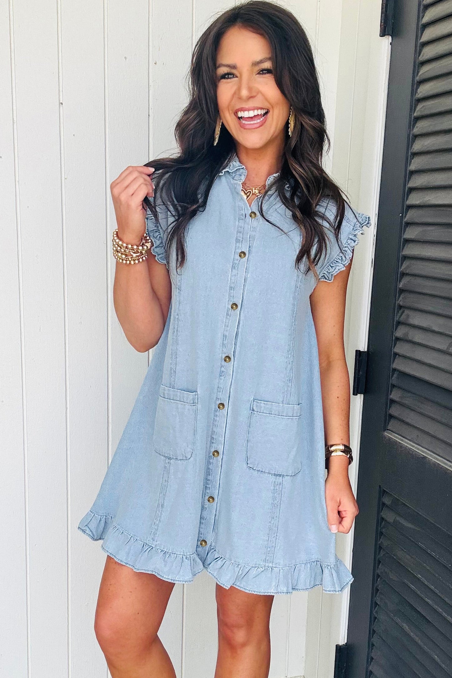 Beau Blue Ruffled Edge Collared Shift Denim Dress with Pockets-TOPS / DRESSES-[Adult]-[Female]-2022 Online Blue Zone Planet