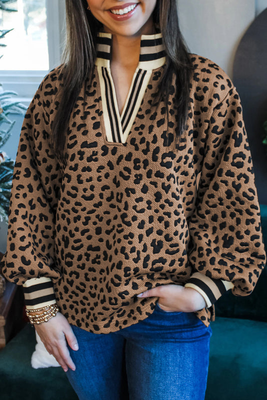 Brown Leopard Print Striped Trim Collar Long Sleeve Shift Pullover-Tops/Long Sleeve Tops-[Adult]-[Female]-2022 Online Blue Zone Planet
