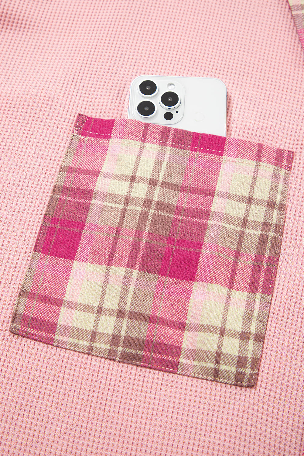 Pink Waffle Patch Pocket Plaid Patchwork Plus Size Shirt-Plus Size/Plus Size Outerwear-[Adult]-[Female]-2022 Online Blue Zone Planet