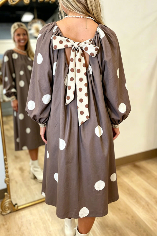 Brown Polka Dot Contrast Bow Knot Back Long Sleeve Midi Dress-Dresses/Midi Dresses-[Adult]-[Female]-Brown-S-2022 Online Blue Zone Planet