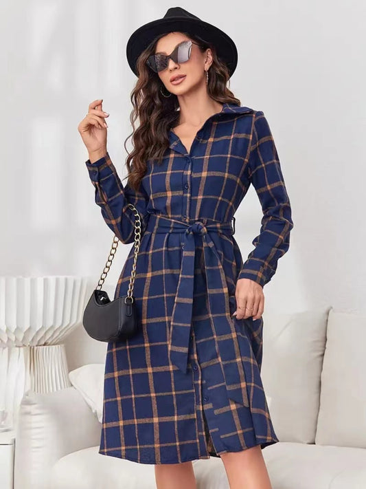 Plaid Tie Waist Long Sleeve Dress-TOPS / DRESSES-[Adult]-[Female]-Navy-S-2022 Online Blue Zone Planet