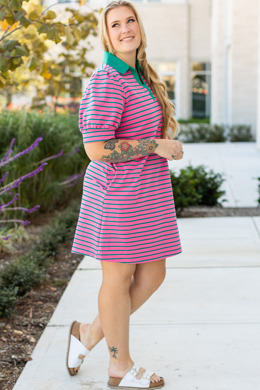 Rose Stripe Collared V Neck Puff Sleeve Shift T Shirt Dress With Pockets-TOPS / DRESSES-[Adult]-[Female]-2022 Online Blue Zone Planet
