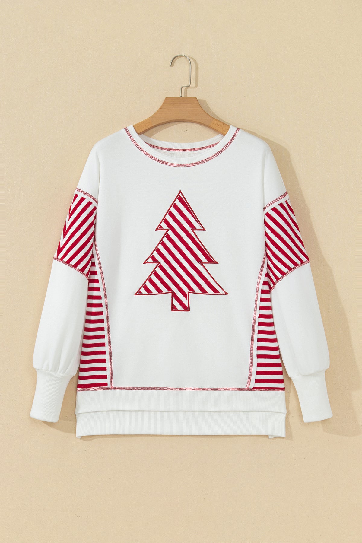 White Striped Contrast Christmas Tree Patchwork Puff Sleeve Top-Tops/Long Sleeve Tops-[Adult]-[Female]-2022 Online Blue Zone Planet