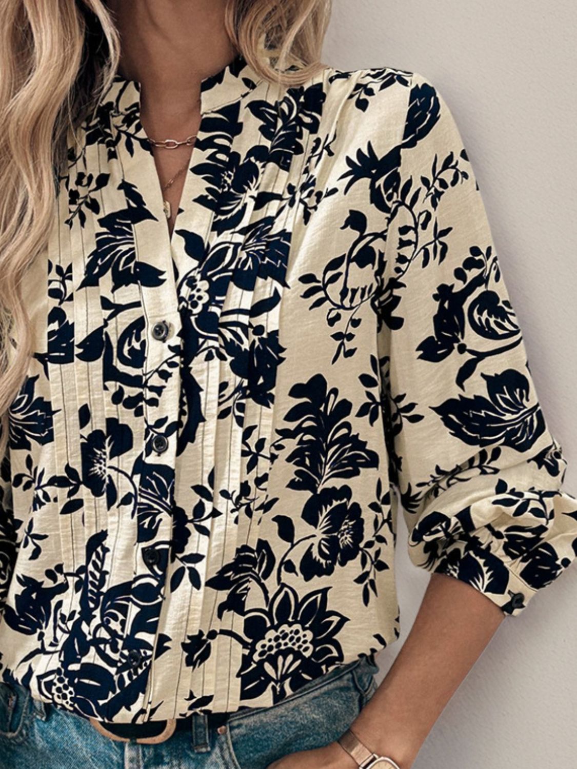 Perfee Printed Notched Long Sleeve Shirt-TOPS / DRESSES-[Adult]-[Female]-2022 Online Blue Zone Planet