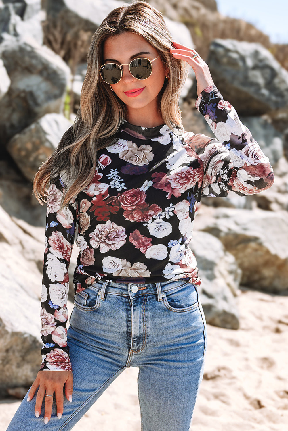 Pink Mesh Floral Print Mock Neck Long Sleeve Slim Top-Tops/Long Sleeve Tops-[Adult]-[Female]-2022 Online Blue Zone Planet