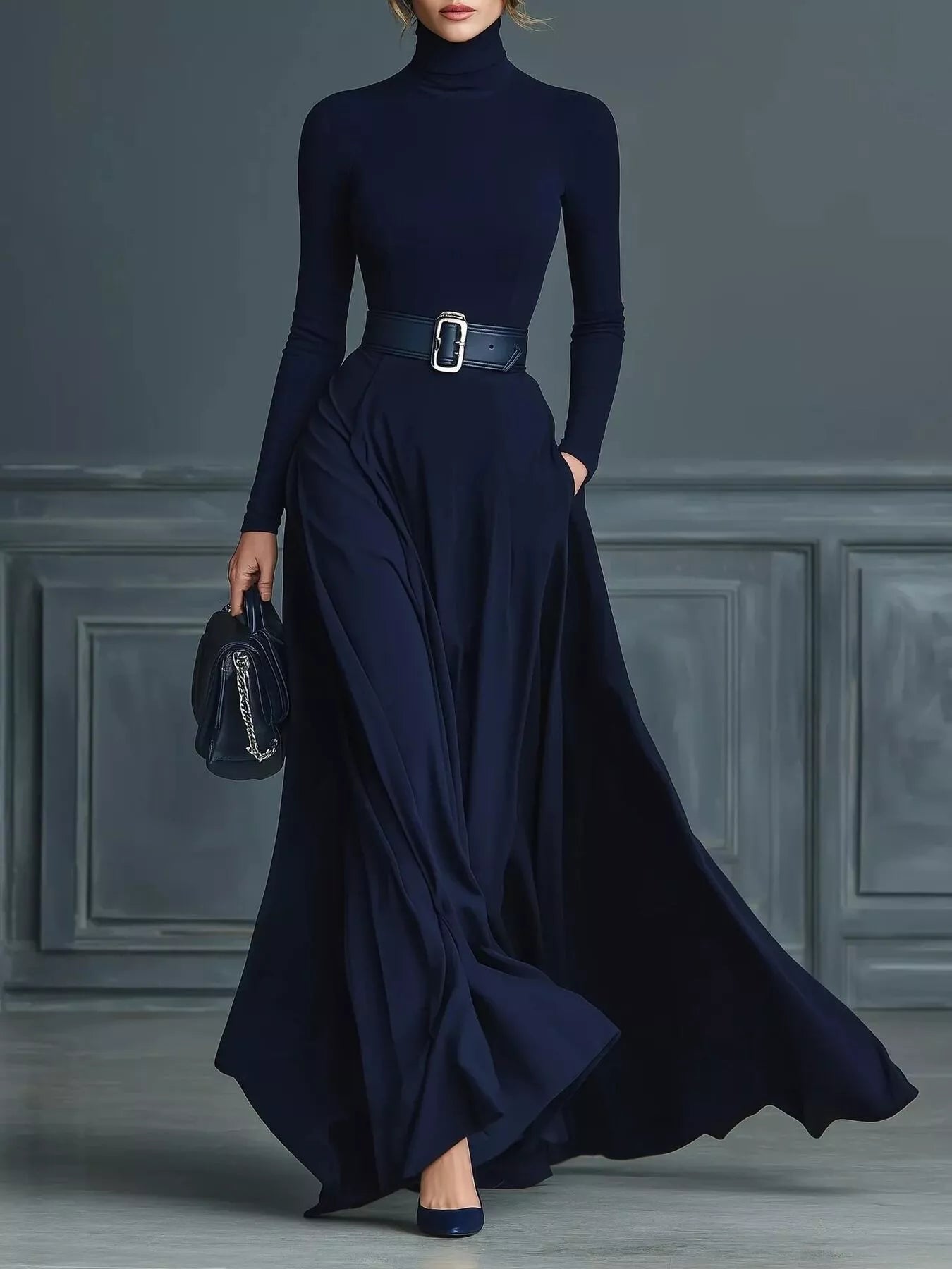 Turtleneck Long Sleeve Maxi Dress Navy / L by Blue Zone Planet