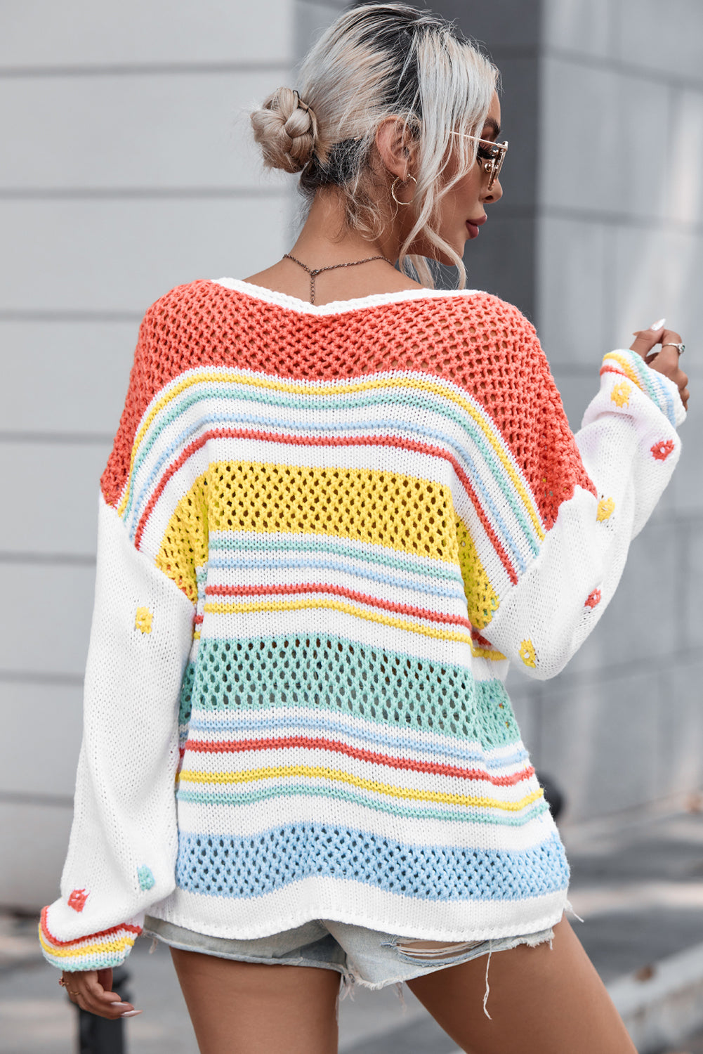 Hollow Striped Color Block Round Neck Sweater-TOPS / DRESSES-[Adult]-[Female]-2022 Online Blue Zone Planet