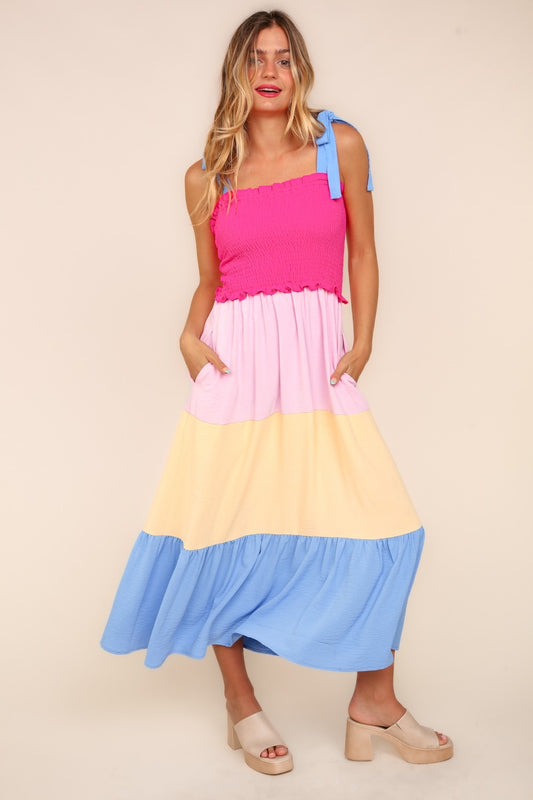 Haptics Smocked Color Block Tiered Cami Dress-TOPS / DRESSES-[Adult]-[Female]-Hot Pink/Cream/Blue-S-2022 Online Blue Zone Planet