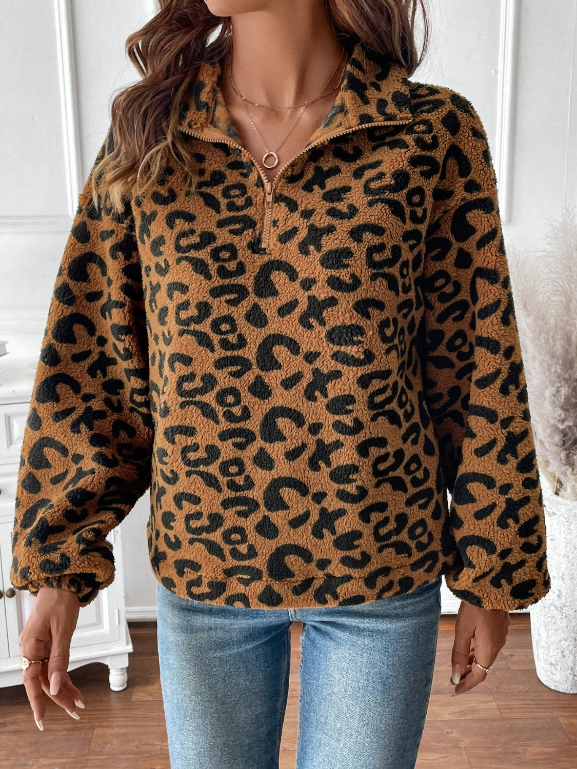 Leopard Half Zip Long Sleeve Sweatshirt-TOPS / DRESSES-[Adult]-[Female]-2022 Online Blue Zone Planet