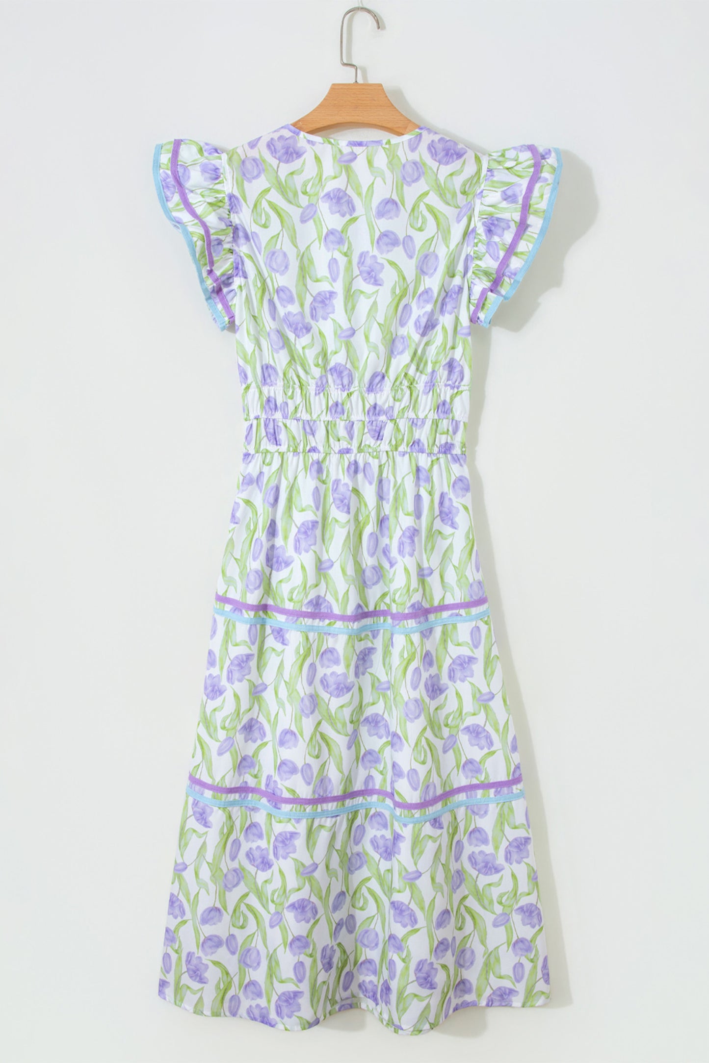 Purple Tulip Floral Print Contrast Trim Midi Dress-TOPS / DRESSES-[Adult]-[Female]-2022 Online Blue Zone Planet