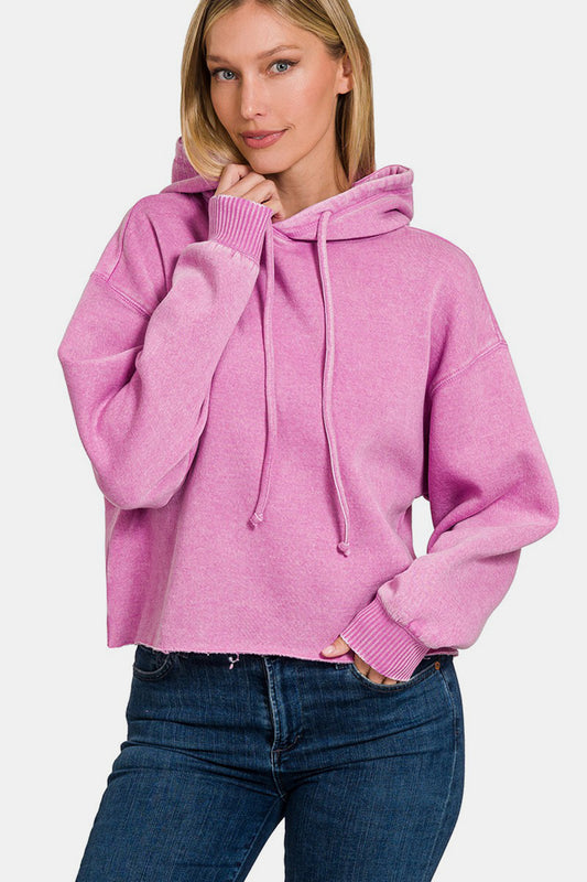 Zenana Acid Wash Fleece Cropped Hoodie-TOPS / DRESSES-[Adult]-[Female]-Mauve-S-2022 Online Blue Zone Planet