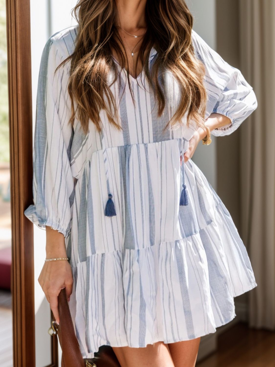 Blue Zone Planet | Tassel Striped Tie Neck Batwing Sleeve Dress-TOPS / DRESSES-[Adult]-[Female]-Light Blue-S-2022 Online Blue Zone Planet