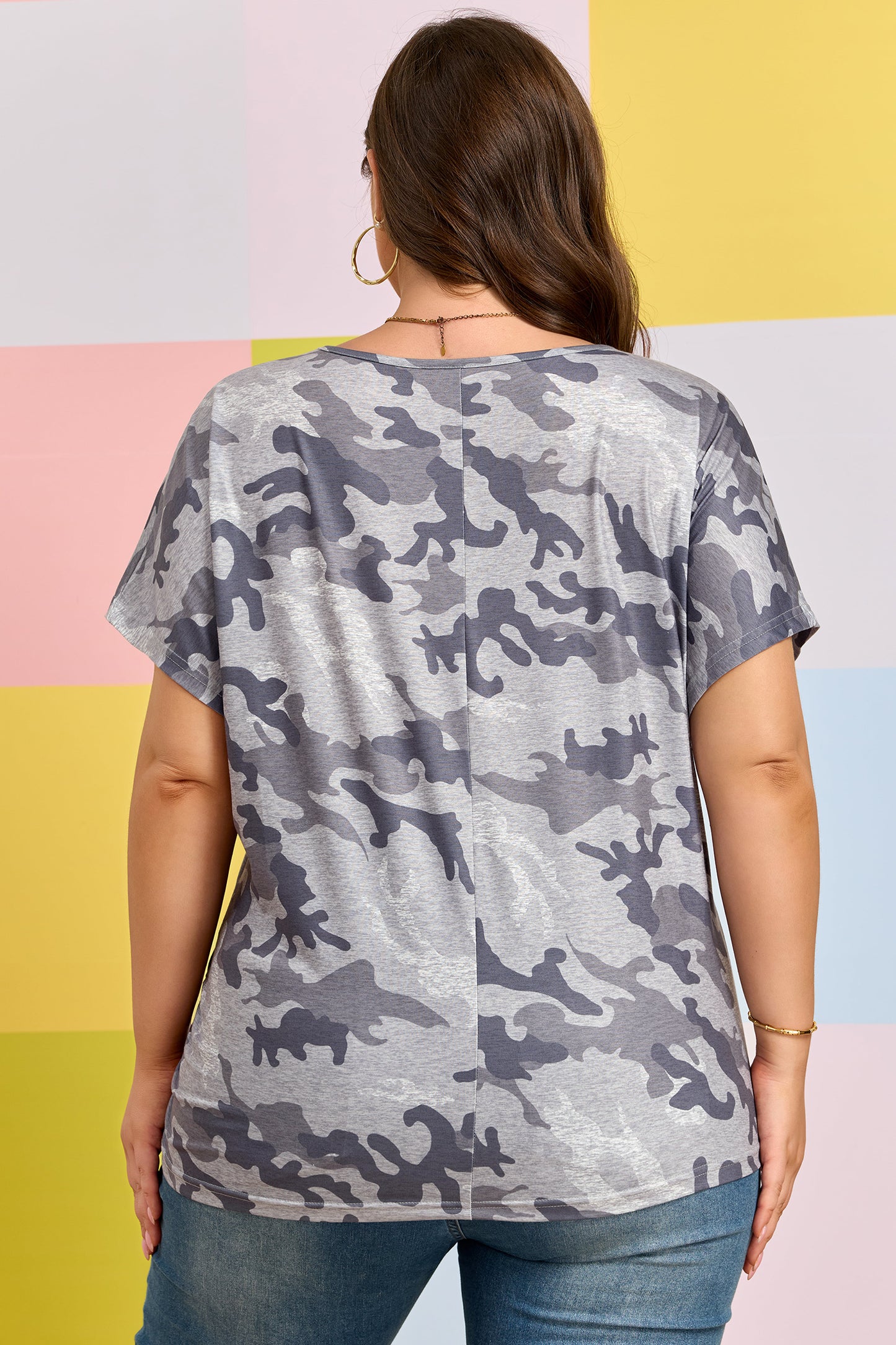 Gray Plus Size Camo Print Casual T Shirt-Plus Size/Plus Size Tops/Plus Size Tops & Tees-[Adult]-[Female]-2022 Online Blue Zone Planet