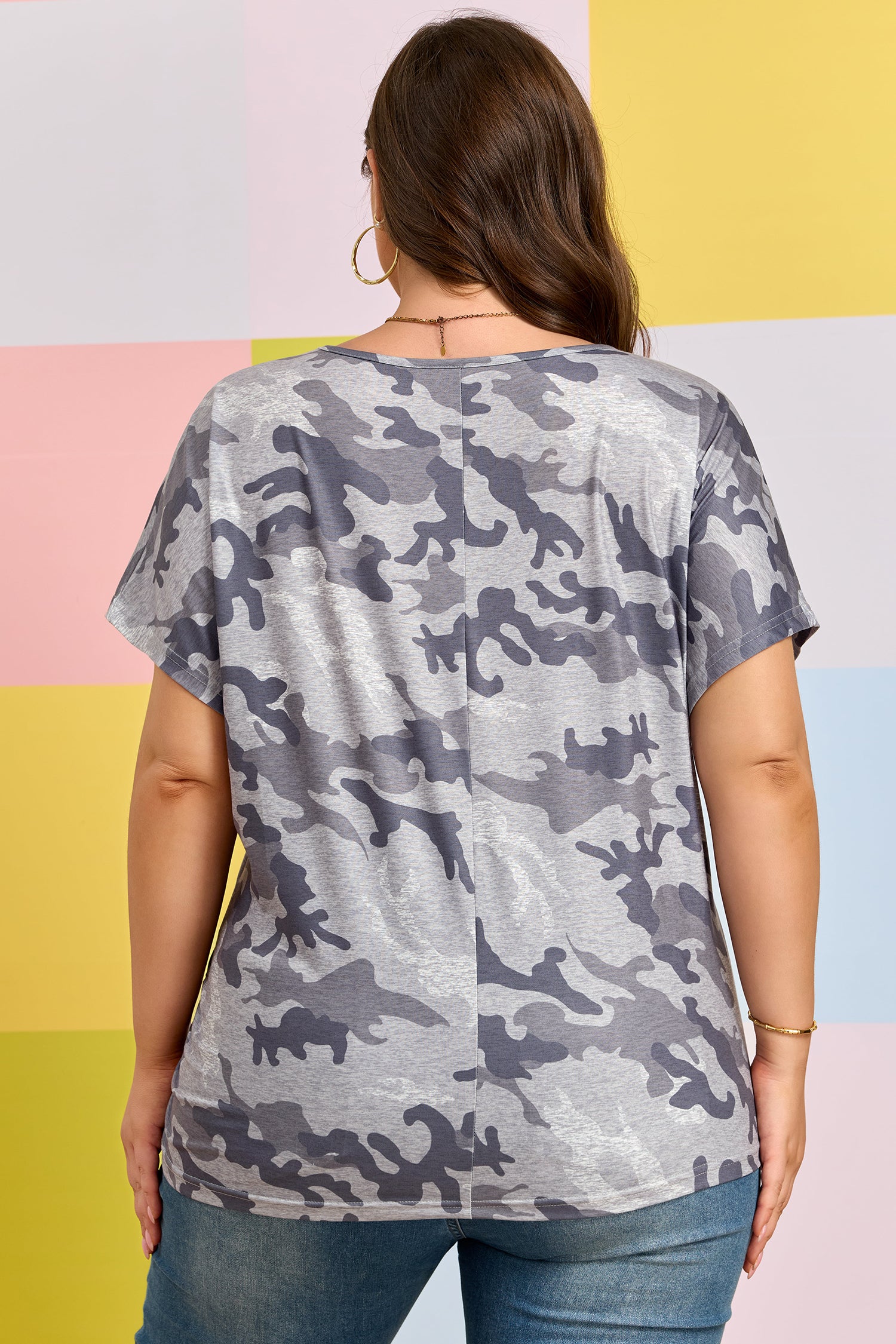 Gray Plus Size Camo Print Casual T Shirt-Plus Size/Plus Size Tops/Plus Size Tops & Tees-[Adult]-[Female]-2022 Online Blue Zone Planet