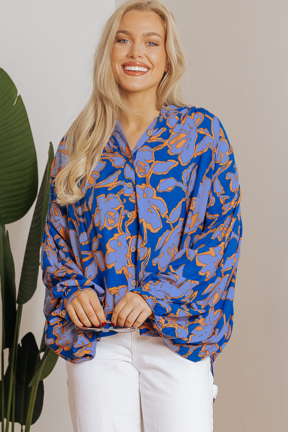 Blue Zone Planet | Blue Floral Print Batwing Sleeve Buttoned Loose Fit Shirt-Tops/Blouses & Shirts-[Adult]-[Female]-2022 Online Blue Zone Planet