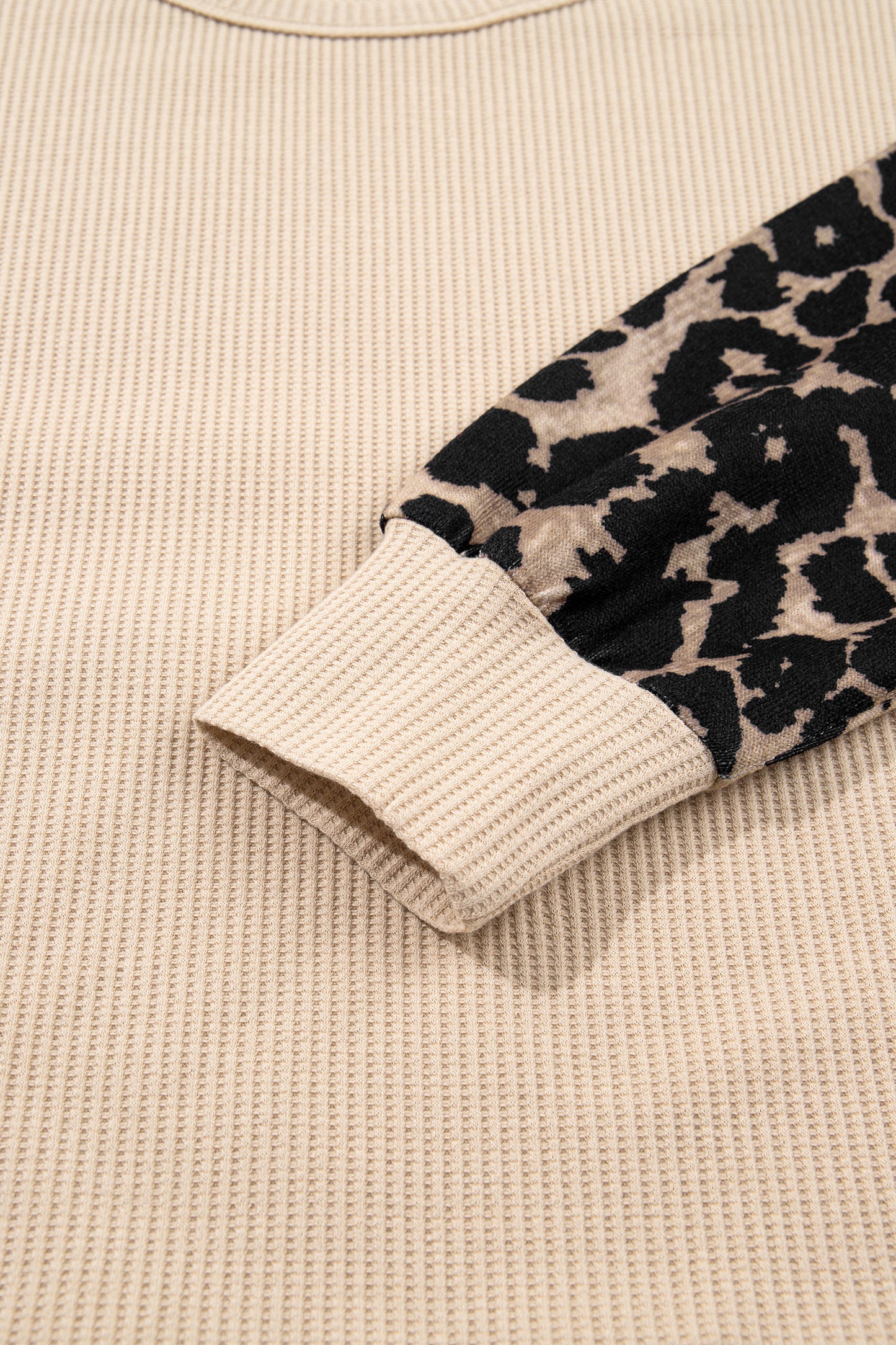 Gray Morn Leopard Sleeve Waffle Knit Split Hem Top-Tops/Long Sleeve Tops-[Adult]-[Female]-2022 Online Blue Zone Planet