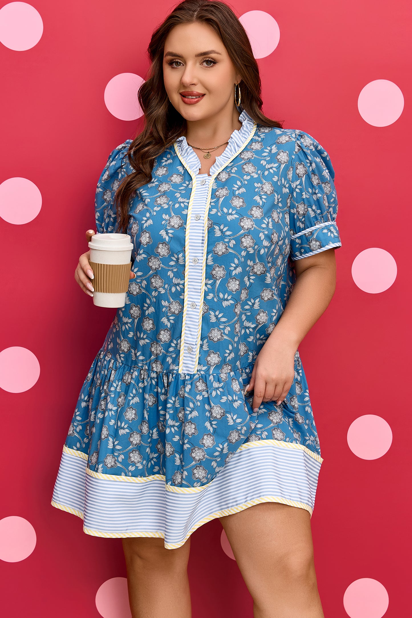 Blue Plus Size Floral Print Striped Patchwork Detail Button Front Ruffle Hem Dress-TOPS / DRESSES-[Adult]-[Female]-2022 Online Blue Zone Planet