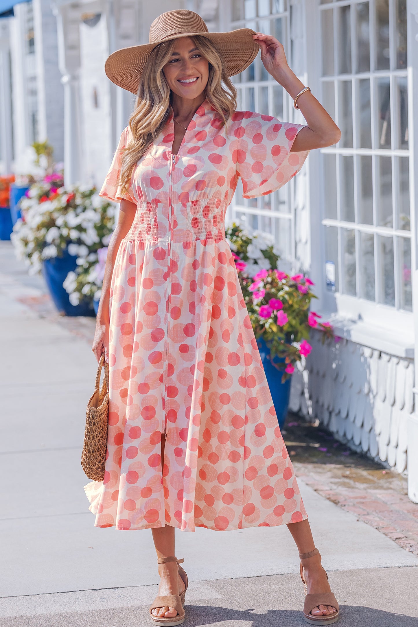 Pink Polka Dot Printed Ruffle Short Sleeve Zip Up Long Dress-TOPS / DRESSES-[Adult]-[Female]-2022 Online Blue Zone Planet