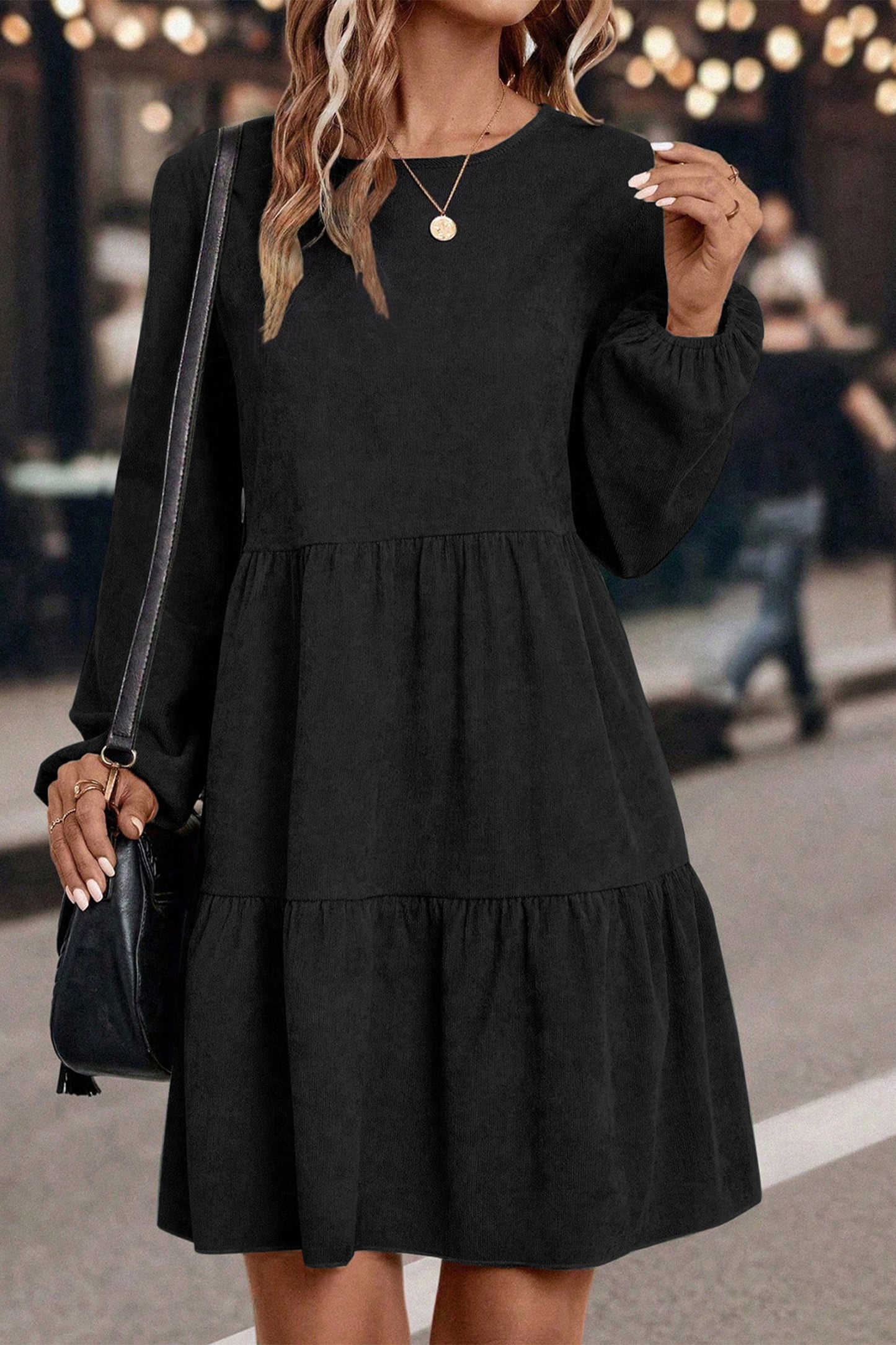 Black Lantern Sleeve Tiered Mini Dress-TOPS / DRESSES-[Adult]-[Female]-2022 Online Blue Zone Planet