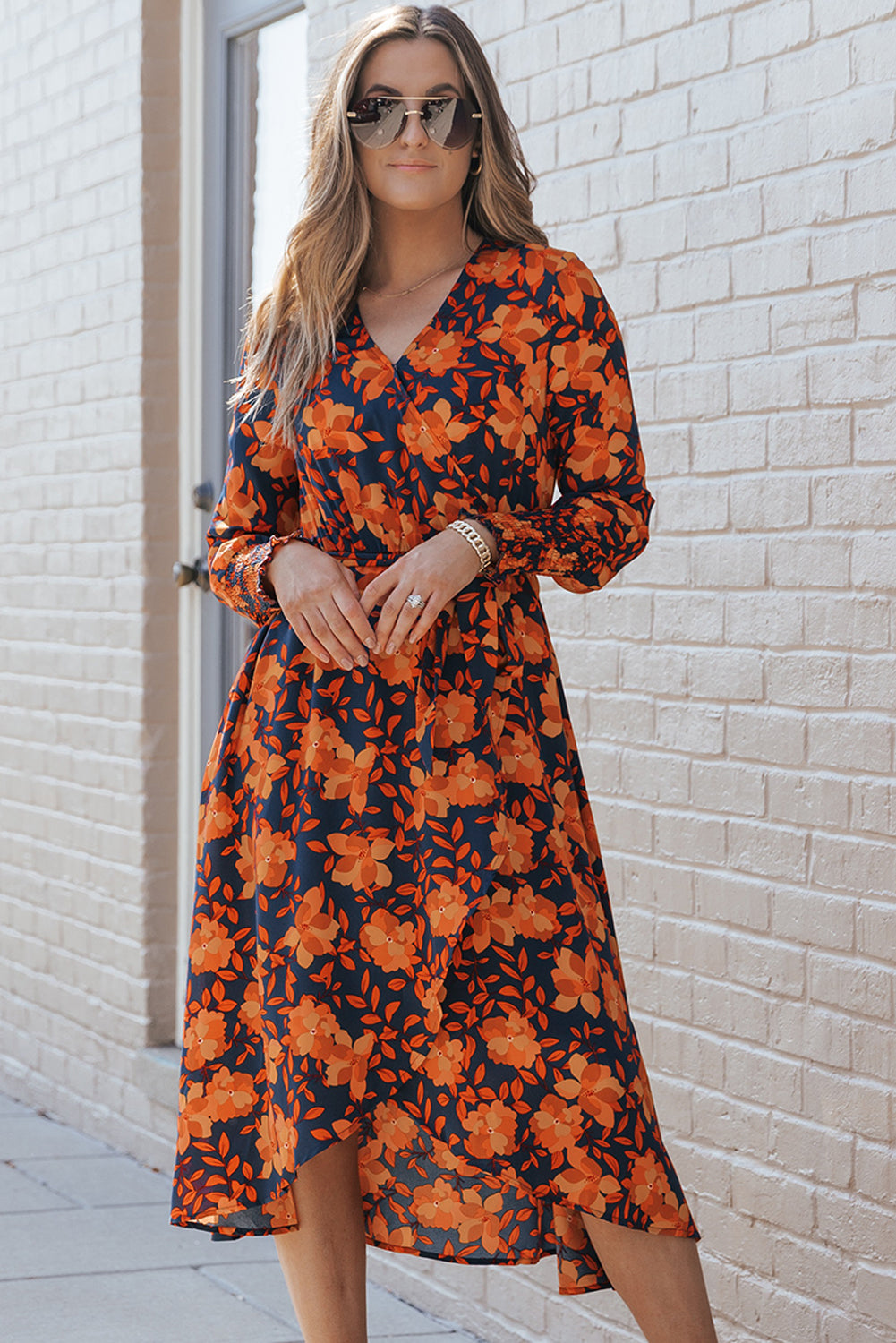 Blue Zone Planet | Orange Floral Print Faux Wrap Belted Dress-TOPS / DRESSES-[Adult]-[Female]-Orange-S-2022 Online Blue Zone Planet