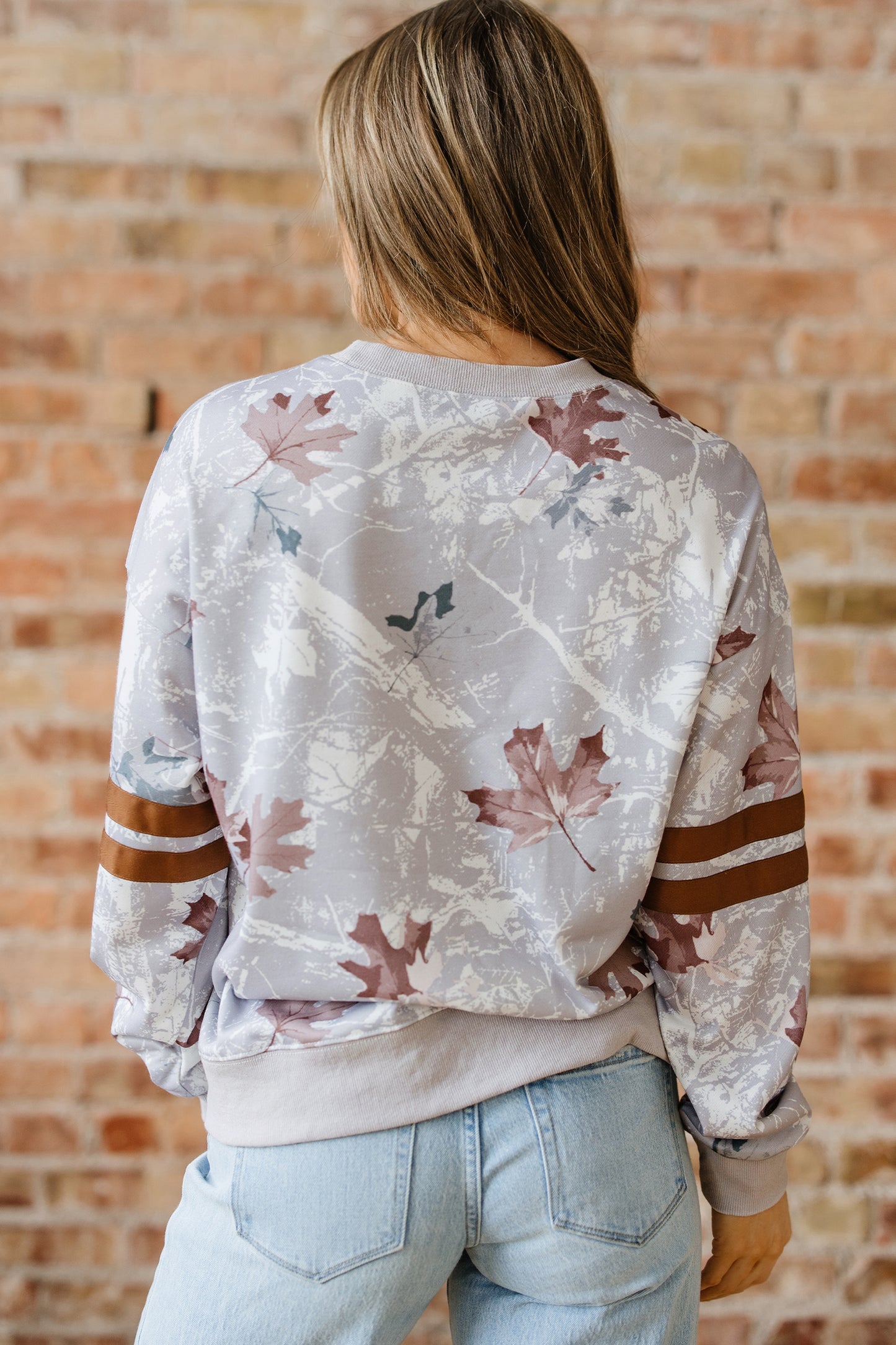 Gray Maple Leaf Camo Print Varsity Striped Sleeve Casual Sweatshirt-Tops/Sweatshirts & Hoodies-[Adult]-[Female]-2022 Online Blue Zone Planet