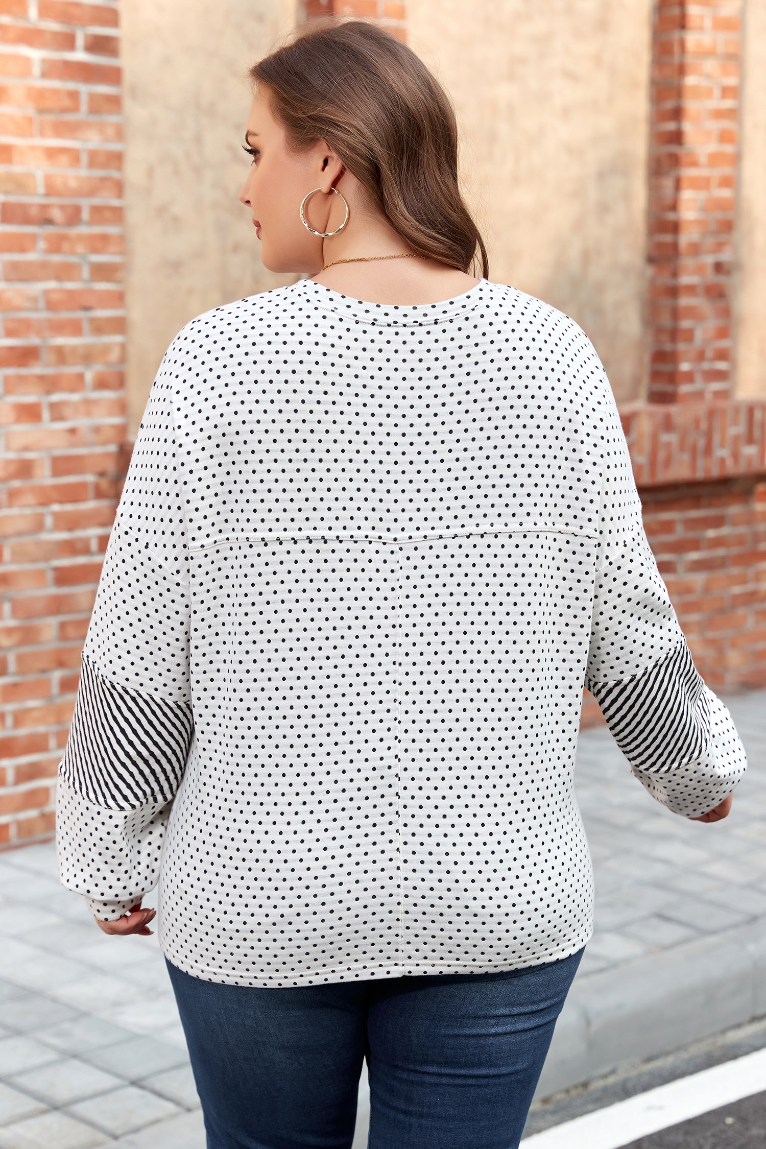 Beige Plus Size Dot Print Striped Patchwork Long Sleeve Henley Top-Plus Size/Plus Size Tops/Plus Size Blouses & Shirts-[Adult]-[Female]-2022 Online Blue Zone Planet