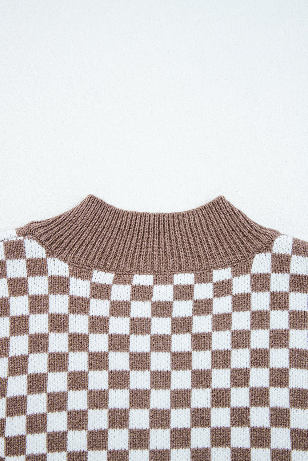 Dark Brown Half Button Ribbed Trim Checkerboard Knit Sweater-Sweaters & Cardigans/Sweaters-[Adult]-[Female]-2022 Online Blue Zone Planet