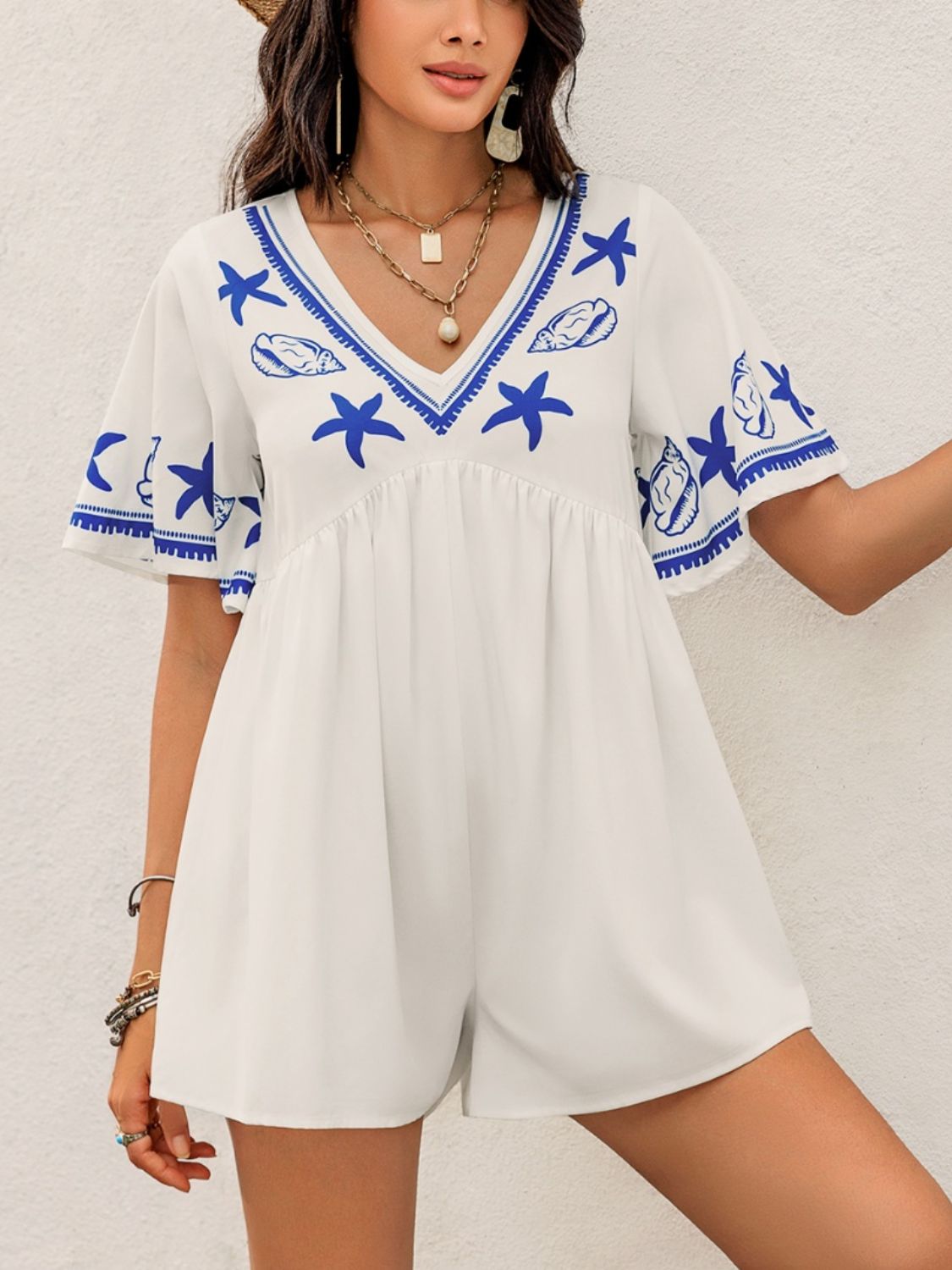 Printed V-Neck Half Sleeve Romper-TOPS / DRESSES-[Adult]-[Female]-2022 Online Blue Zone Planet