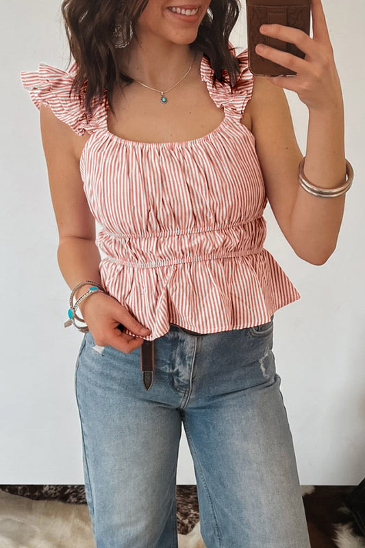 Pink Stripe U Neck Ruffle Trim Cinched Waist Tank Top-Tops/Tank Tops-[Adult]-[Female]-Pink Stripe-S-2022 Online Blue Zone Planet