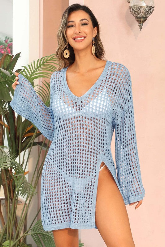 Crochet Side Split Beach Coverups Swimwear Dress-[Adult]-[Female]-2022 Online Blue Zone Planet