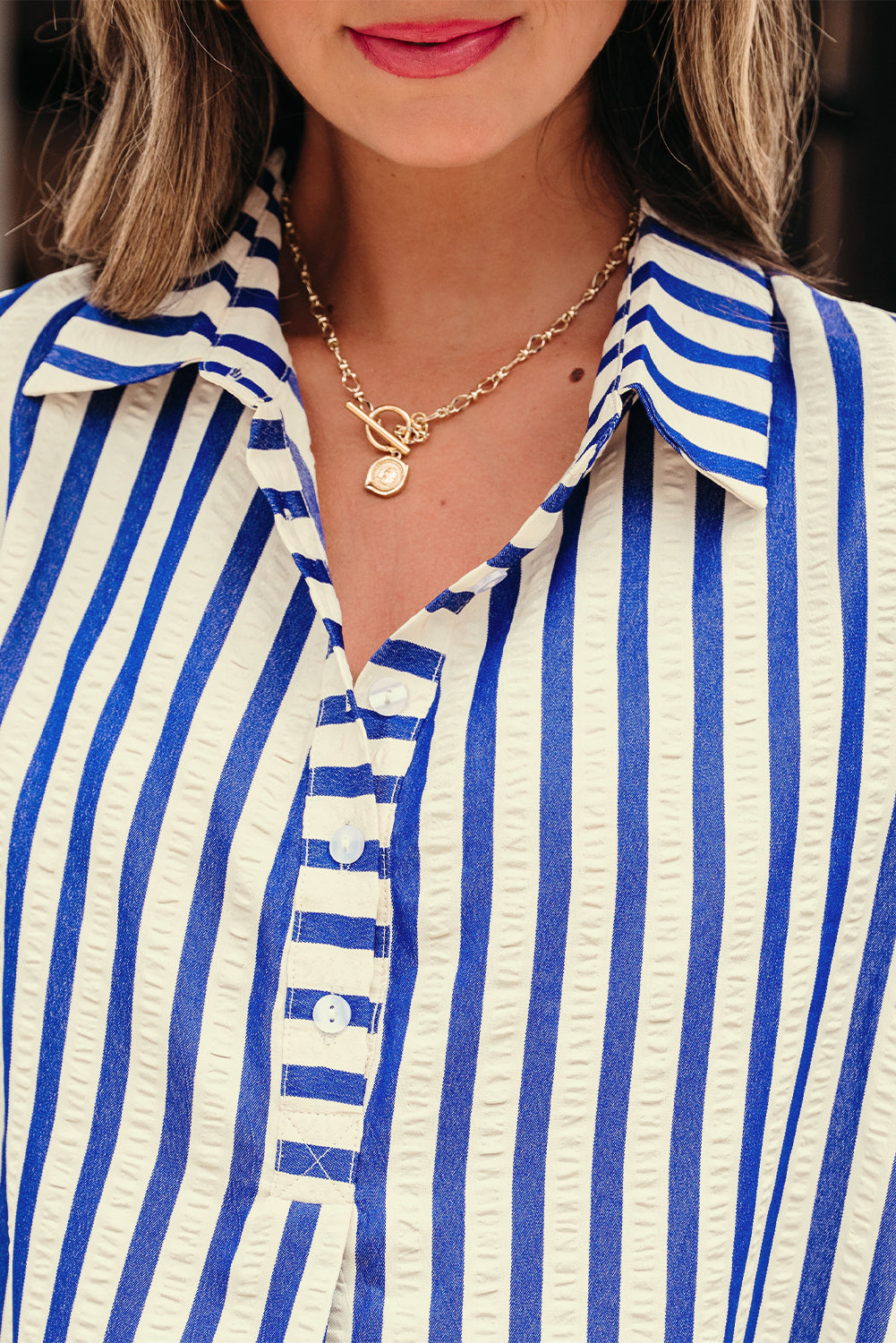 Blue Stripe Collared Half Button Side Pockets Loose Fit Mini Dress-Dresses/Mini Dresses-[Adult]-[Female]-2022 Online Blue Zone Planet