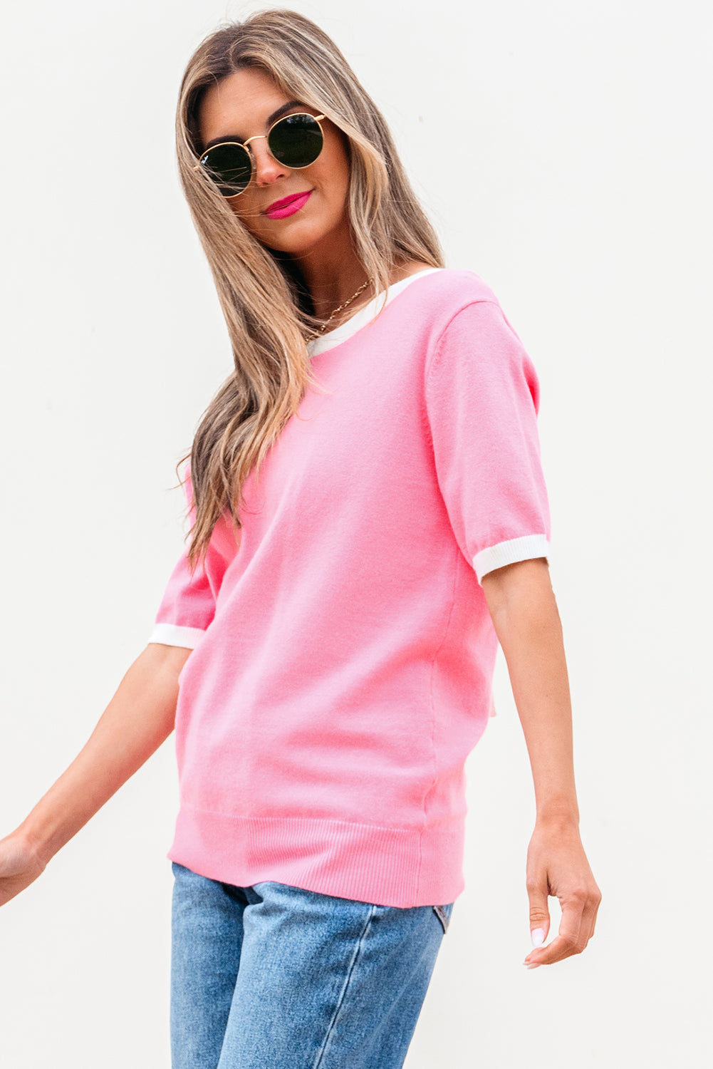 Bonbon Colorblock Bow V-Shape Cut Back Short Sleeve Sweater-TOPS / DRESSES-[Adult]-[Female]-2022 Online Blue Zone Planet