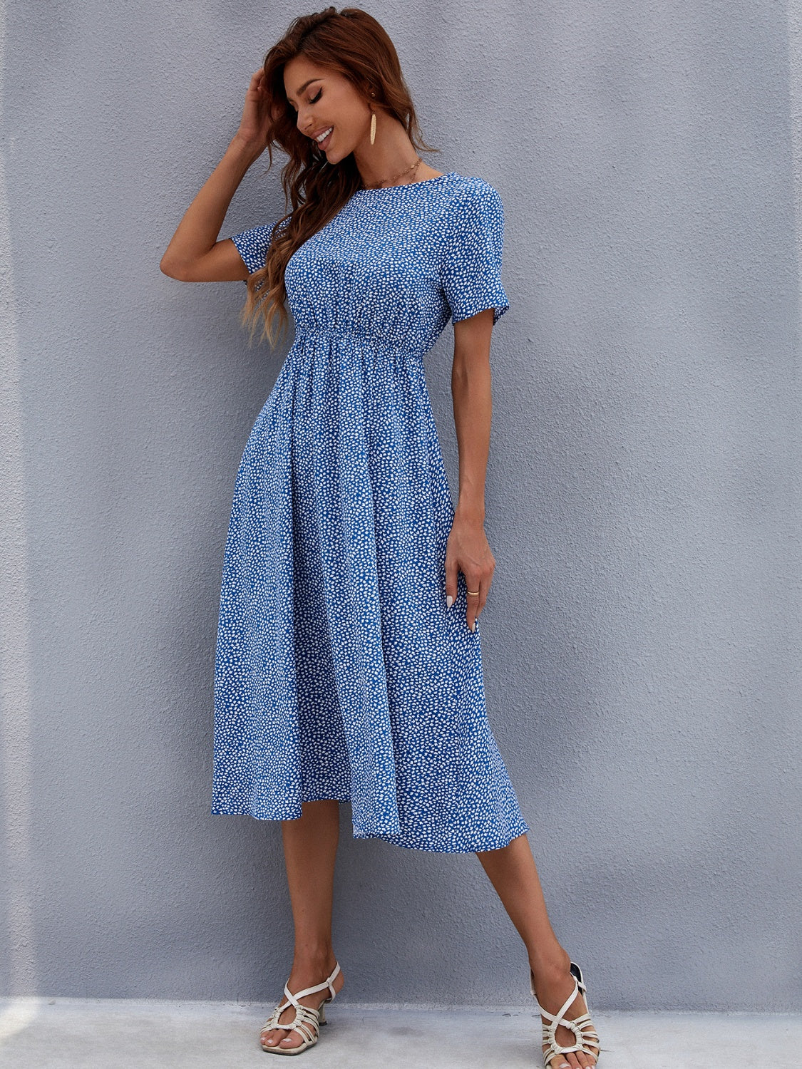 Printed Round Neck Short Sleeve Midi Dress-TOPS / DRESSES-[Adult]-[Female]-2022 Online Blue Zone Planet