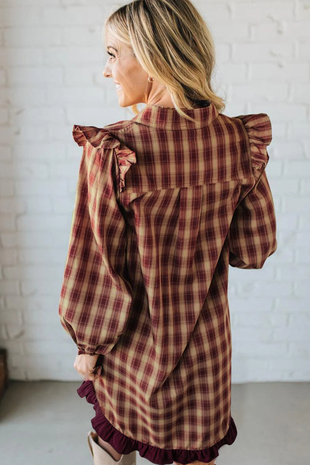 Red Plaid Print Ruffled Long Sleeve Patchwork Hem Mini Shirt Dress-TOPS / DRESSES-[Adult]-[Female]-2022 Online Blue Zone Planet