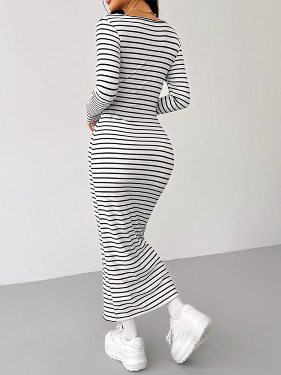 Blue Zone Planet | Striped Scoop Neck Long Sleeve Midi Tee Dress-TOPS / DRESSES-[Adult]-[Female]-2022 Online Blue Zone Planet