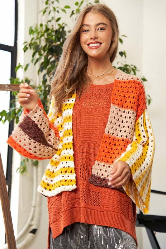 Davi & Dani Openwork Open Front Striped Cardigan-TOPS / DRESSES-[Adult]-[Female]-YELLOW ORANGE-S-2022 Online Blue Zone Planet