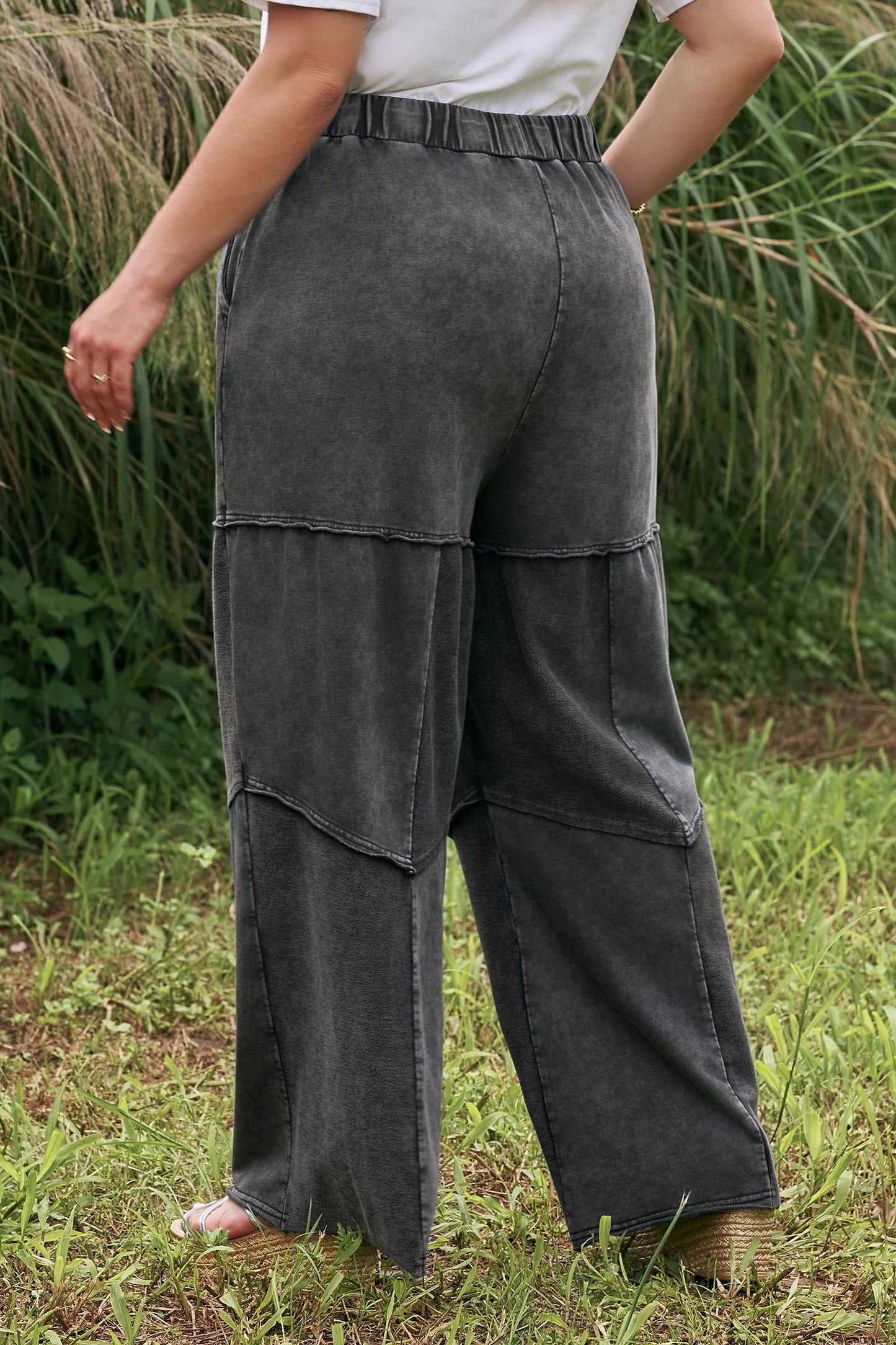 Black Plus Size Mineral Wash Exposed Seam Patchwork Drawstring Loose Pants-Plus Size/Plus Size Bottoms-[Adult]-[Female]-2022 Online Blue Zone Planet