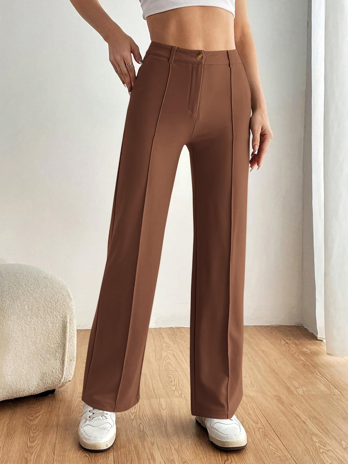 High Waist Wide Leg Pants-BOTTOMS SIZES SMALL MEDIUM LARGE-[Adult]-[Female]-Brown-S-2022 Online Blue Zone Planet