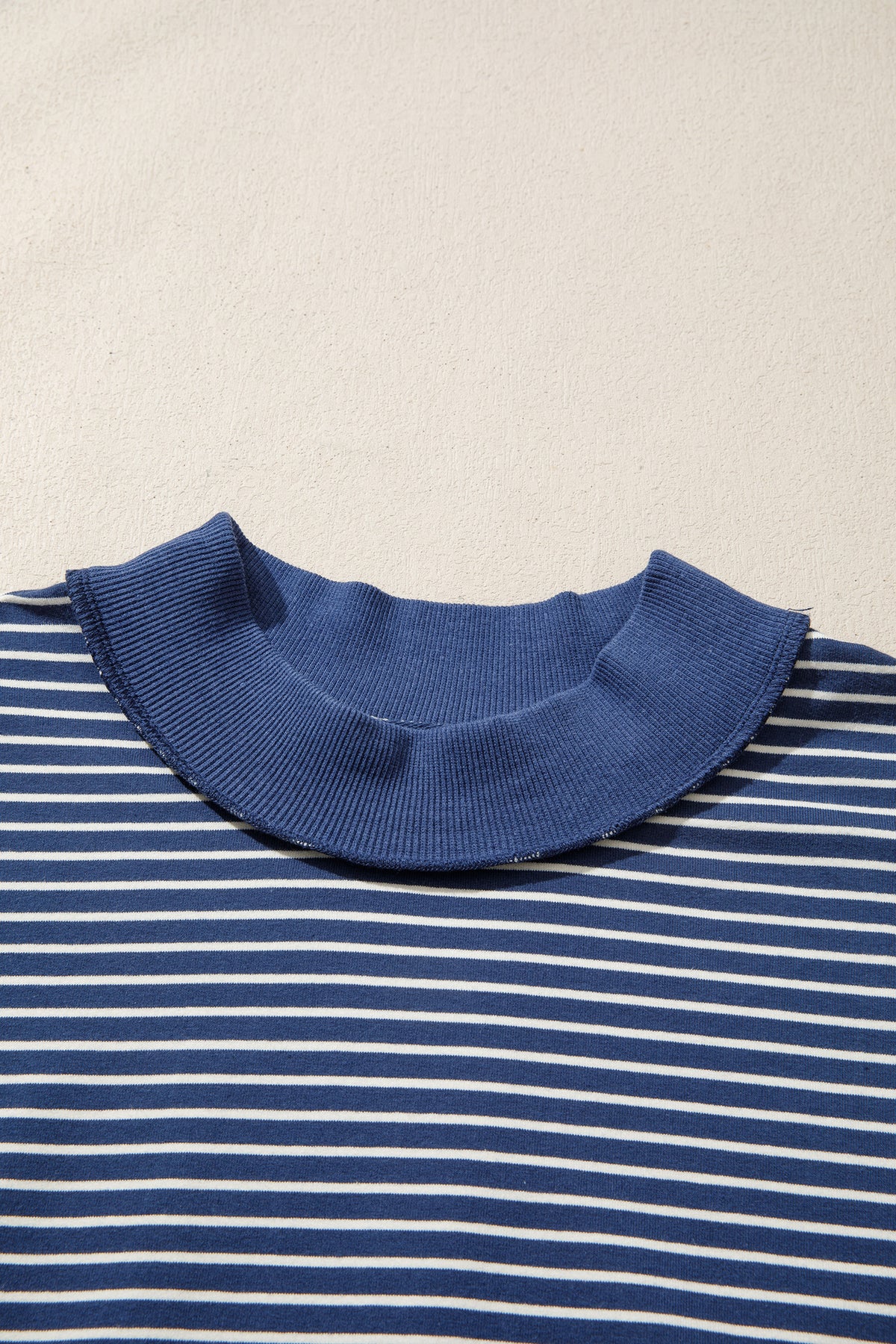 Blue Stripe Ribbed Patchwork Mock Neck Baggy Pullover Matching Shorts Set-Two Piece Sets/Short Sets-[Adult]-[Female]-2022 Online Blue Zone Planet