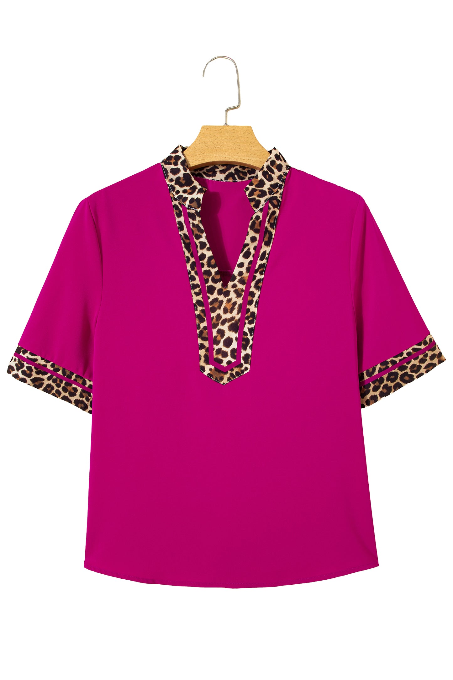 Violet Leopard Patchwork Trim Split Neck Short Sleeve Blouse-Tops/Blouses & Shirts-[Adult]-[Female]-2022 Online Blue Zone Planet